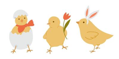 Three cute Easter chicks, one in an eggshell, one with a flower, and one with bunny ears. Represents spring holiday, festive fun and joyful celebration in a playful and charming style vector