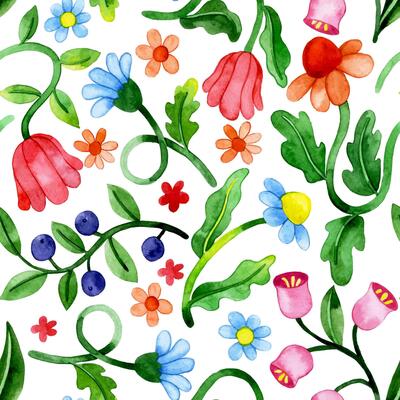 seamless pattern of watercolor flowers in retro style. bright colors