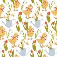 Seamless spring pattern with cute ducks in red bows, tulips, daffodils, snowdrops and watering cans. Represents seasonal joy, gardening and Easter charm in a playful and cheerful design vector
