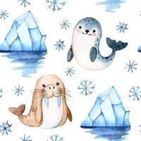 cute seamless pattern with arctic seal and walrus. watercolor print for kids vector