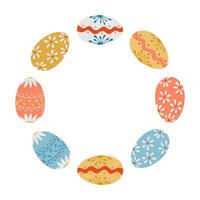 Wreath made of colorful decorated Easter eggs arranged in circular shape on white background. Symbolizes holiday joy, tradition and spring celebration with space for message or design vector