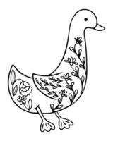 Hand drawn duck silhouette decorated with folk floral patterns and ornamental flowers on a white background. Represents folk art, nature connection and whimsical decorative design vector