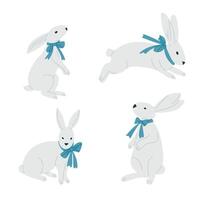 Set of white bunnies with blue bows in different poses on white background. Represents cuteness, innocence and springtime charm in minimal animal design vector