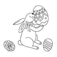 Cute Easter bunny holding a decorated egg with a ribbon around its neck, surrounded by more patterned eggs. Represents spring celebration, Easter traditions and festive joy in charming line art style vector
