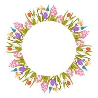 Floral wreath with spring flowers and green leaves forming circular frame on white background. Represents renewal, nature and seasonal celebration with space for text or design vector