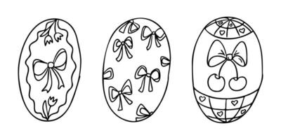 Three hand drawn Easter eggs with different bow patterns and decorative elements on a white background. Symbol of holiday celebration, spring festivity and cheerful seasonal design vector