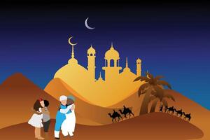 Ramadan kareem background with mosque moon and people on camel at night vector