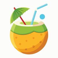 Tropical drink in coconut shell with straw and umbrella vector