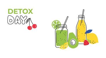 Healthy food banner, detox day. Vegetables, fruits. Smoothie. Vegetarian diet. doodle illustration vector