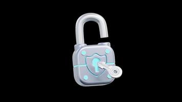 Animated 3d icon silver padlock with a key for security concepts, data protection, privacy, encryption, lock and key themes, cyber security designs video