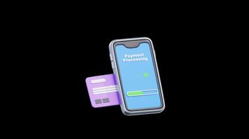 Animated 3d icon smartphone displaying credit card payment success. Suitable for finance blogs, online shopping articles, electronic payment visuals, and banking graphics video