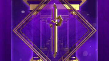 ANIMATED LOOP OF A SPINNING TIMELESS PURPLE AND GOLDEN CROSS WITH COLUMNS ON A CLASSIC ABSTRACT BACKDROP video