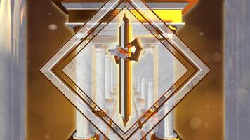 ROTATING CLASSIC WHITE AND GOLDEN CROSS WITH PILLARS ABSTRACT BACKGROUND ANIMATION LOOP video