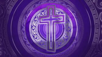 LUMINOUS HOLY WEEK MOTION BACKGROUND WITH A GLIMMERING PLATINUM AND REGAL PURPLE CROSS FLOATING IN A LASSIC ABSTRACT BACKGROUND ANIMATION LOOP video