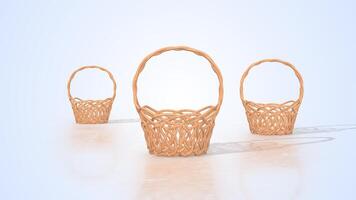 Wicker Baskets on a Light Reflective Floor. Easter Wicker Baskets 3D. 4K video