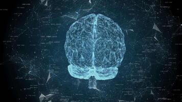 Rotation 3d model of the brain against the background of computer code video