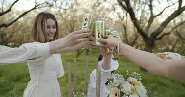 A joyful gathering in a beautiful orchard features refreshing drinks and cheerful conversations video