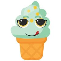 Mint ice cream in cone with cute face licking lips Playful dessert illustration great for packaging, menu decoration, and creative summer projects vector