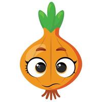 Cute onion character with big shiny eyes and a shy expression, ideal for kids materials, recipe visuals, farming concepts, and educational food content vector