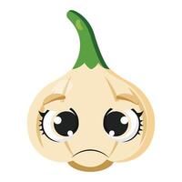Sad garlic bulb with expressive eyes and frown face Great for emotional food-themed designs, packaging concepts, fun illustrations, and culinary branding projects vector