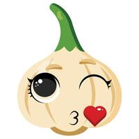 Funny garlic character with big expressive eyes and a kiss gesture with a red heart Ideal for food branding, recipe books, healthy eating campaigns, and cooking-related projects vector