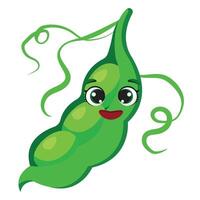 Smiling green pea pod with expressive face and large shiny eyes Ideal for food education, healthy lifestyle, plant-based visuals, and farm-to-table designs vector