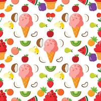 Seamless pattern with ice cream cones and colorful fruits Fresh summer dessert background for textiles, packaging, and digital designs vector