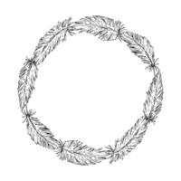 illustration of a simple feather wreath in circular composition. Ideal for tribal-themed party design, wedding invitation templates, bohemian decor, branding projects, and nature-inspired vector