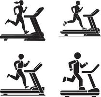 Fitness And Exercise Treadmill Workout Black Silhouette Illustration Set vector