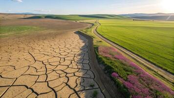 Aerial view shows stark contrast of drought and lush fields amid climate change photo