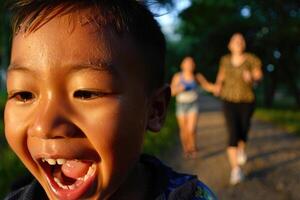 Joyful asian boy laughs exuberantly while women jog in the blurred background during golden hour. photo