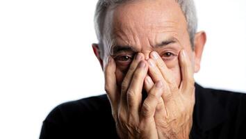 Man expressing deep emotion while covering his face with hands in a somber moment photo
