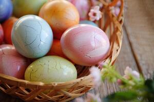 A charming display of colorful, cracked Easter eggs nested in a woven basket. photo