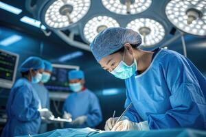 Skilled surgeon conducts intricate procedure in advanced operating room under bright lights photo