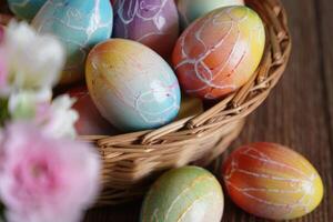 Vibrant and beautifully painted Easter eggs nestle in a rustic basket, evoking the spring season. photo