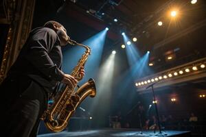 Musician performs on stage playing saxophone with dramatic lighting during concert photo