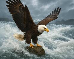 Eagle soaring above turbulent waters showcasing its majestic wings and sharp gaze photo