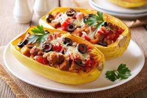 Delicious stuffed spaghetti squash with savory meat and fresh vegetables in a rustic setting photo