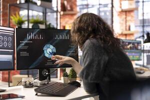 Female analyst looking at presentation charts and dashboard to implement analytics tools for the business, monitoring statistics. Businesswoman reviews performance metrics diagrams. photo
