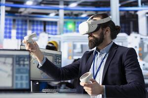 Technician using VR goggles to monitor solar panel manufacturing plant assembly lines. Worker using virtual reality to troubleshoot photovoltaic equipment, ensuring seamless production workflow photo