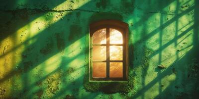 Old green wall with shadow of a window and sunlight casting through. photo