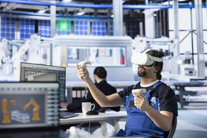 Technician using VR tech simulation to monitor solar panel plant assembly lines. Worker using virtual reality technology to troubleshoot photovoltaic gear, ensuring seamless production workflow photo