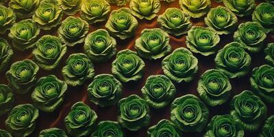 Freshly harvested green lettuce arranged neatly on a dark background. photo