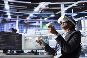 Photovoltaics factory worker using VR headset to monitor performance of robot arms placing solar panels on assembly lines. Expert inspecting solar plant machinery using virtual reality equipment photo