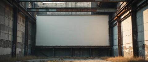An empty warehouse with a large screen in the middle photo
