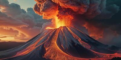 Majestic volcanic eruption at sunset with billowing smoke and glowing lava. photo