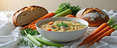 Chicken noodle soup with carrots and bread photo
