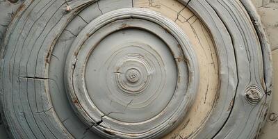 Circular wood texture with natural growth lines and cracks in light gray tones. photo