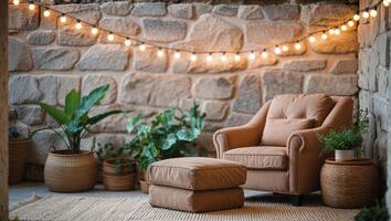 Cozy Rustic Seating Area with Stone Wall and String Lights photo