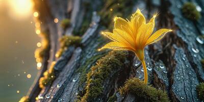A yellow flower is growing on a tree trunk photo